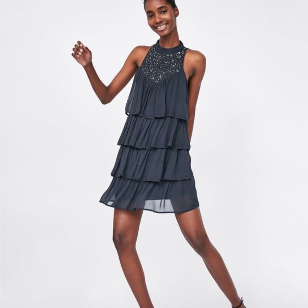 Zara Basic XS Bejeweled ruffle dress XS w/TAGS